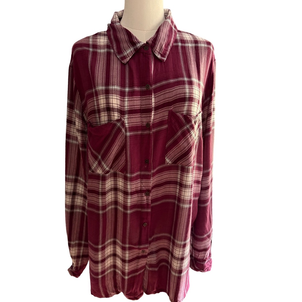 Knox Rose Womens XXL Burgundy Plaid Mixed Media Button Down Shirt Textured Back